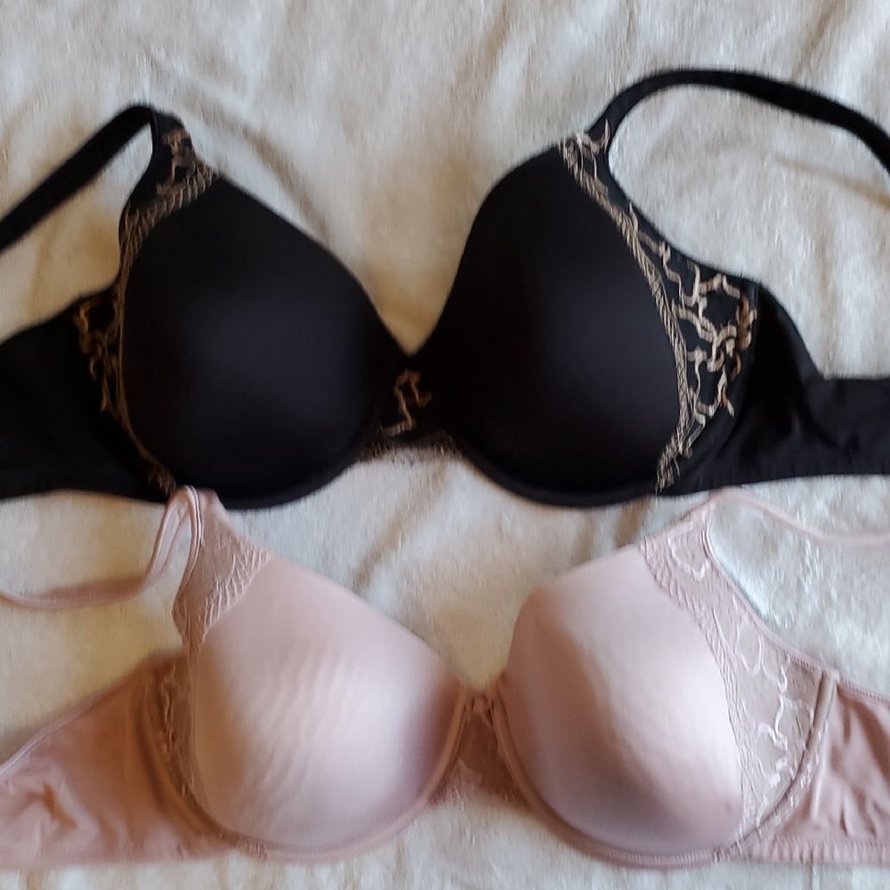 Bali Black and Light Pink Lace-Trim T-Shirt Bras In SIZE 42C, Lightly Padded